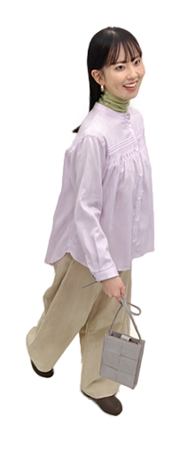 艶ドビーシフォンブラウスＥＬ / 天使の綿シフォンＥＬ / カーブワイドパンツＥＡ１ / 牛革ショートブーツＢＬ / 職人が作った牛革ショルダーＢＭ